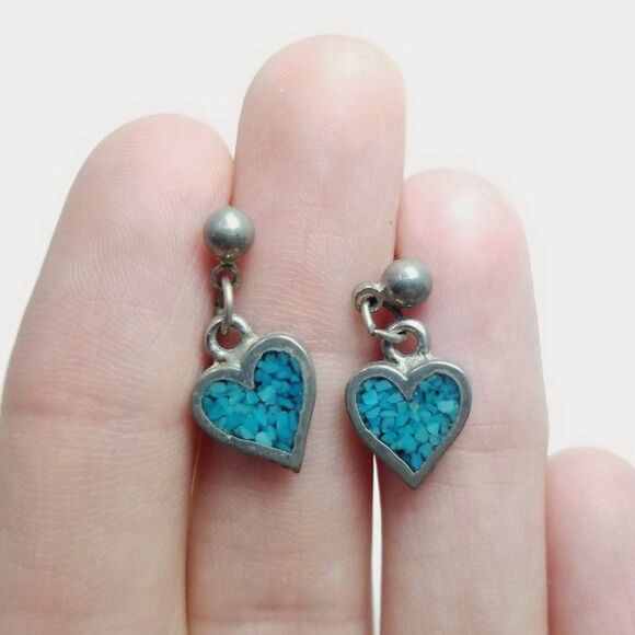 Vintage Little Blue Heart Dangle Stud Earrings, Sweet Retro Design, - Picture 1 of 5